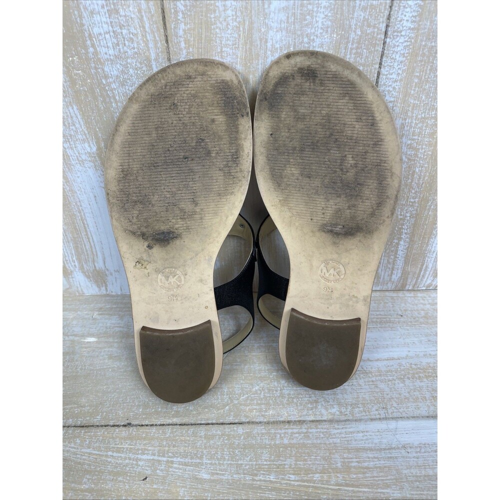 Michael Kors MK Plate Silver Logo Women's Black Leather Sandals Sz 9M - Picture 9 of 10